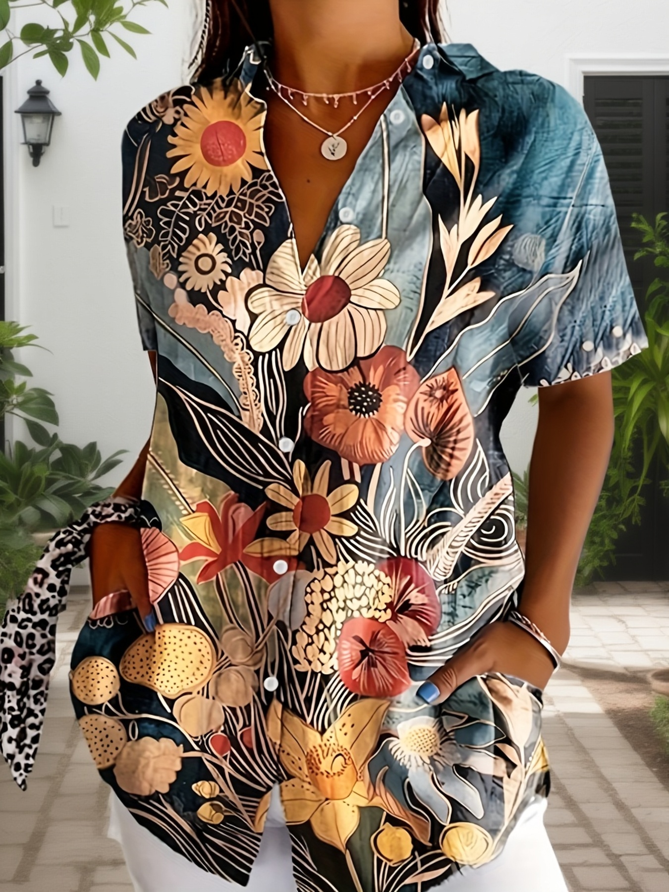 Women Vintage Dark Tropical Floral Print Short Sleeve Button Down Shirts, Lightweight Wrinkle-Free Polyester Lapel Collar Pocket Blouses, Casual Loose Summer Vacation Tops