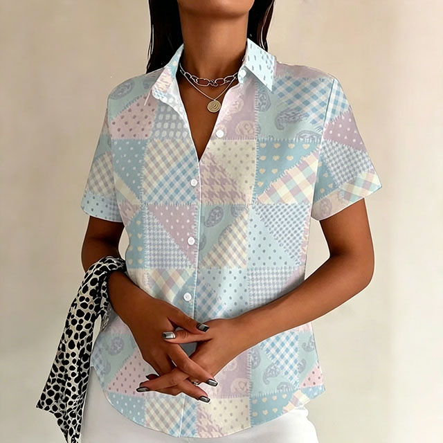 Women’s Patchwork Print Button-Up Shirt – Short Sleeve Casual Blouse