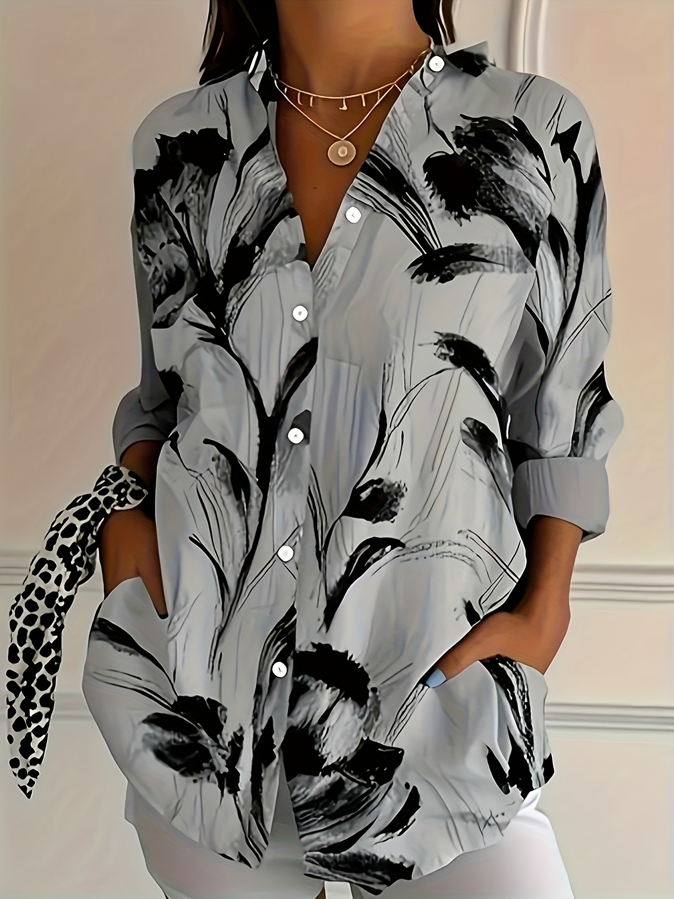 Plus Size - Plus Size - Fashion Commute Home Art Floral Print Women'S Plus Size Button-Up Long Sleeve Collared Shirt-gemscharms