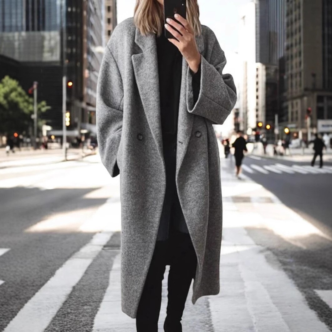 Women's Long Double Breasted Coat – Oversized Lapel Collar Jacket for Fall Winter