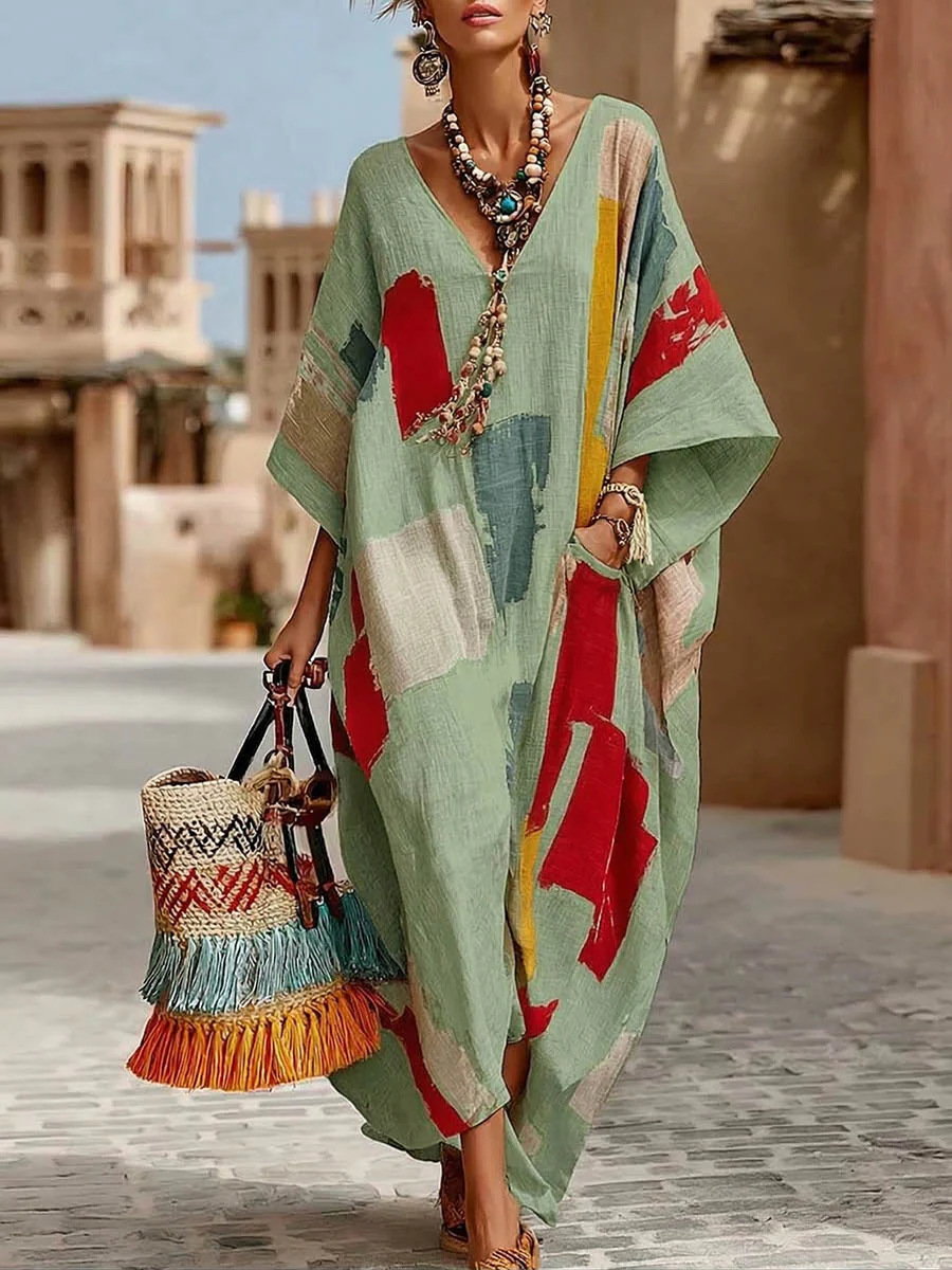 Women's Abstract Print Maxi Dress, Casual Loose Fit Bohemian Kaftan Dress, V Neck Short Sleeve Oversized Tunic Dress for Summer Vacation