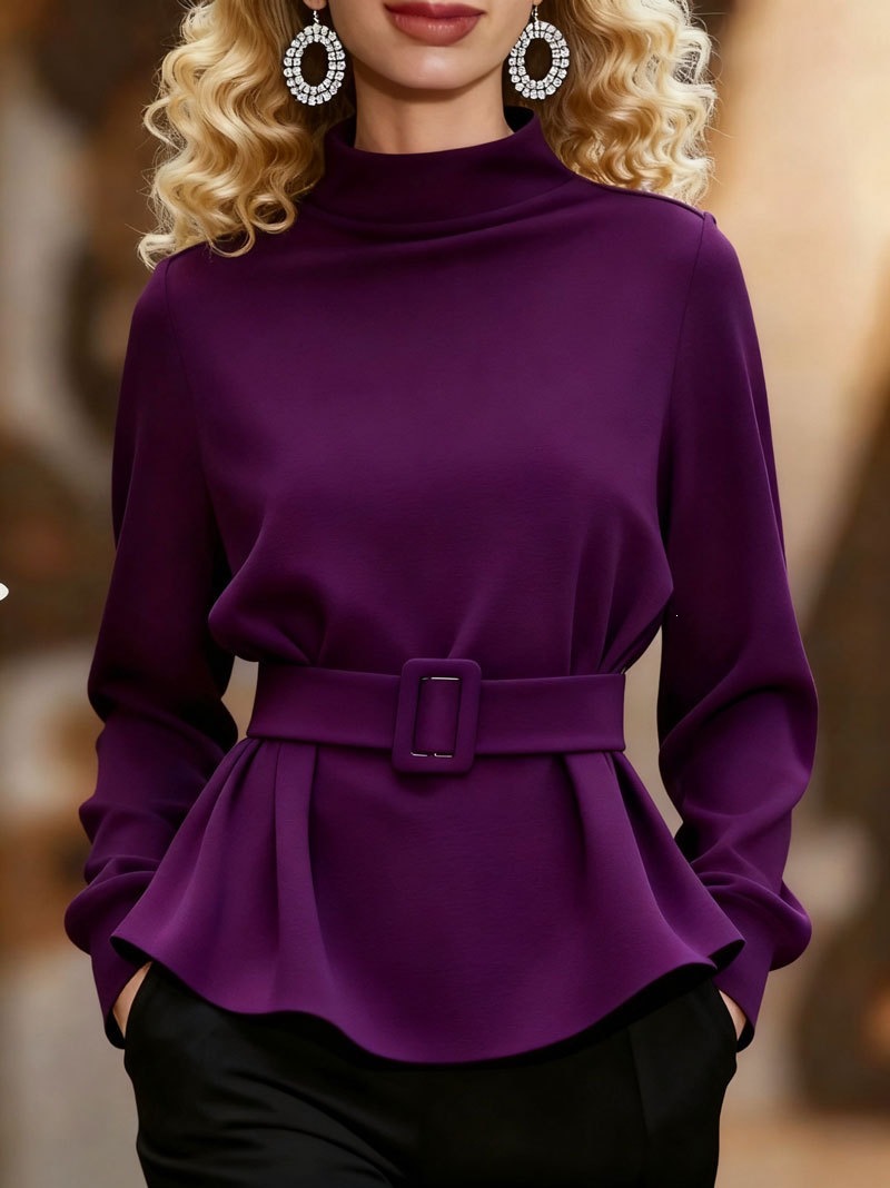 Women’s Elegant Peplum Blouse with Belt – Long Sleeve Mock Neck Slim Fit Casual Dressy Top