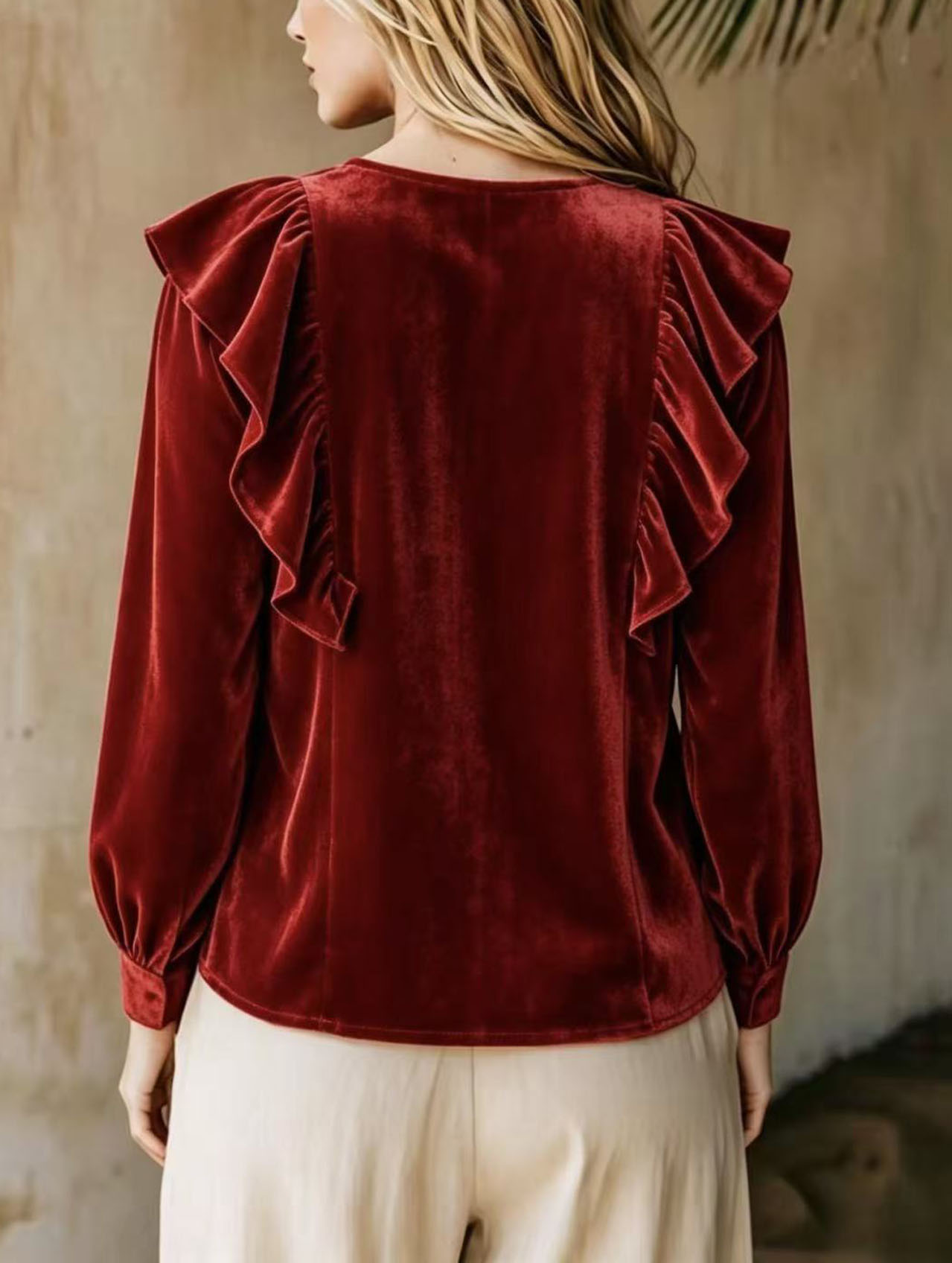 Women's Velvet Ruffle V Neck Long Sleeve Blouse, Elegant Solid Color Peplum Tunic Top with Side Pockets, Casual Dressy Shirt for Fall Winter-gemscharms