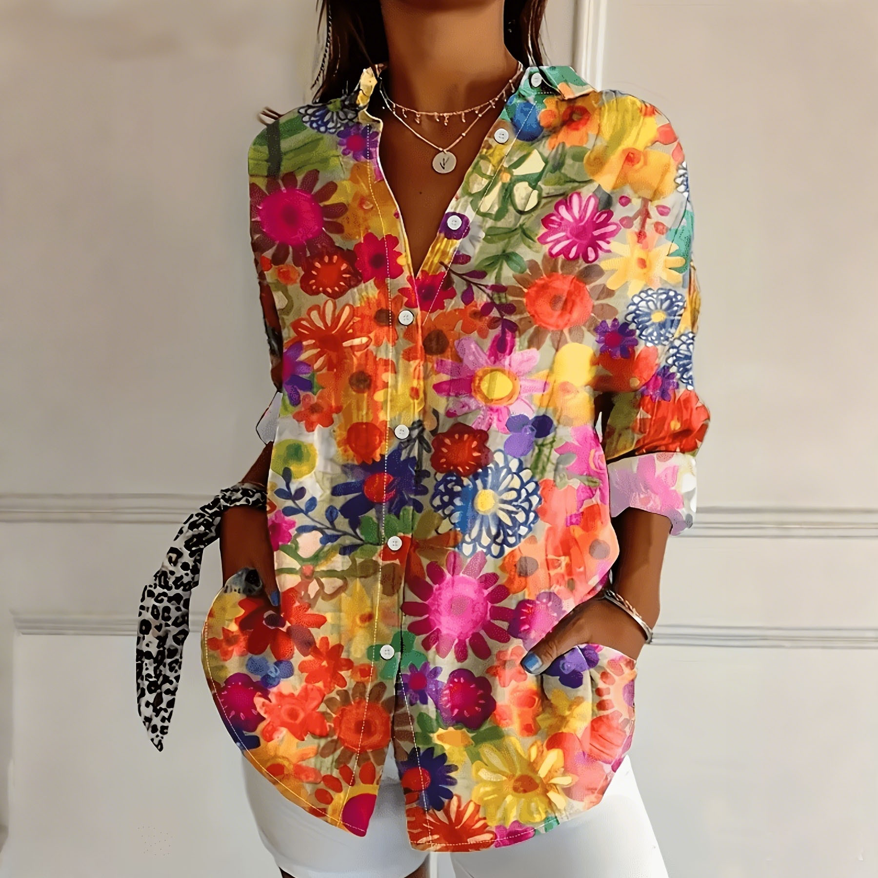Women’s Floral Print Button Down Shirt Colorful Long Sleeve Blouse Casual Loose Fit Top for Spring Summer Vacation Office Wear