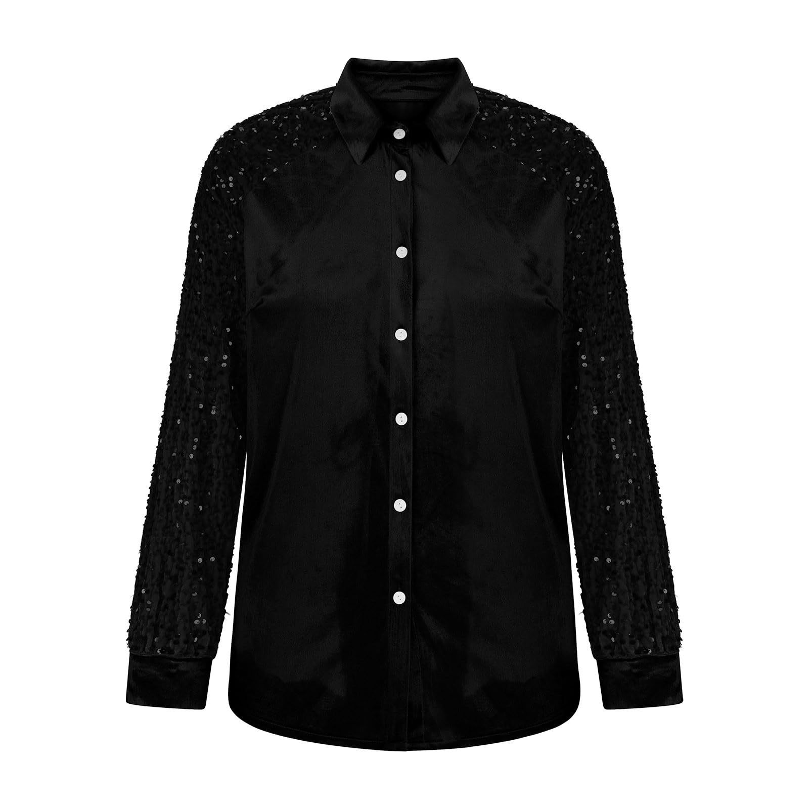 Women's Velvet Button Down Shirt Sequin Long Sleeve Blouse Elegant Sparkle Party Top Casual Luxury Shirt for Fall Winter