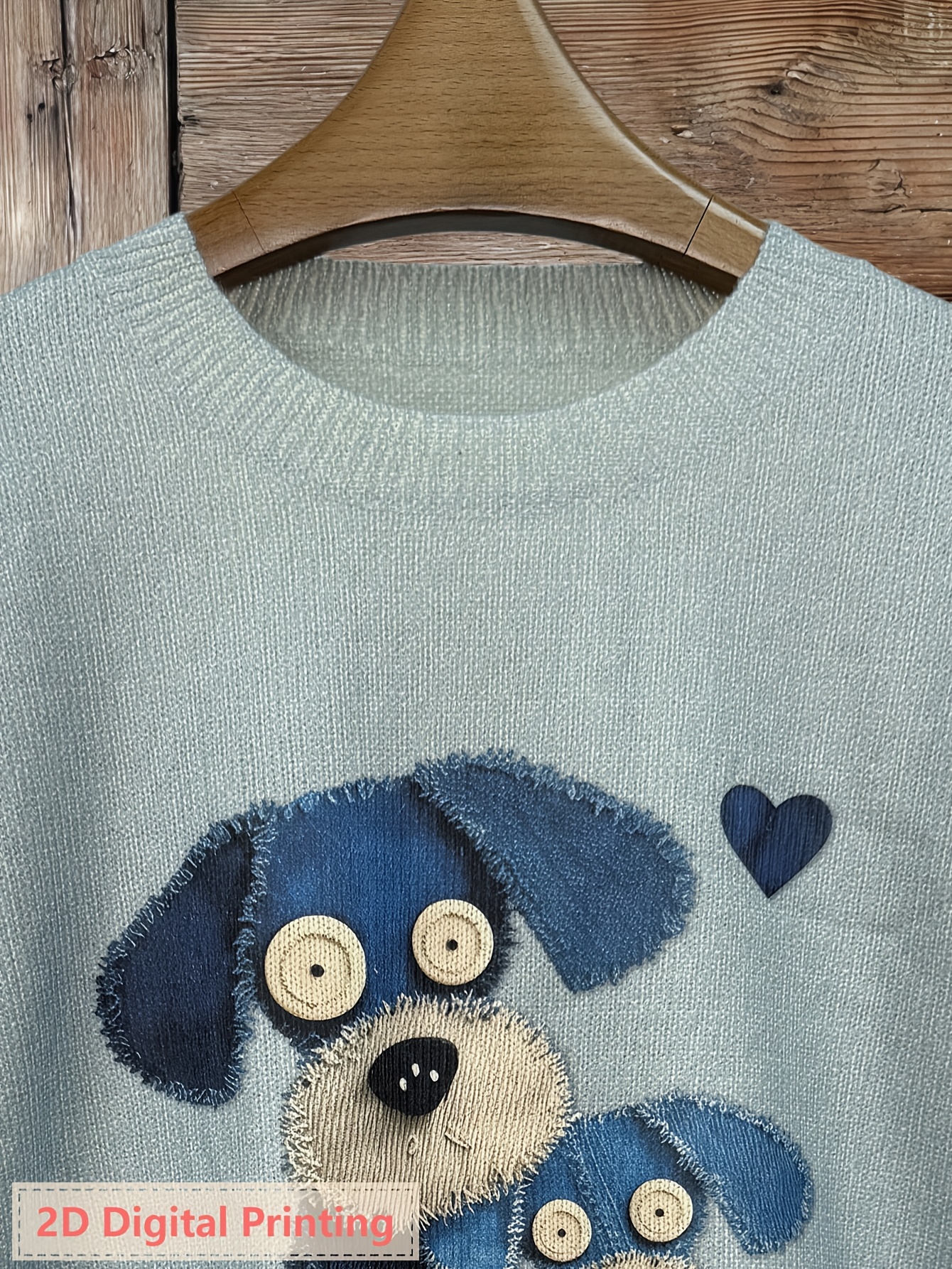 Women’s Cute Dog Print Sweater – Blue Crew Neck Knit Pullover with Adorable Puppy Graphic Design