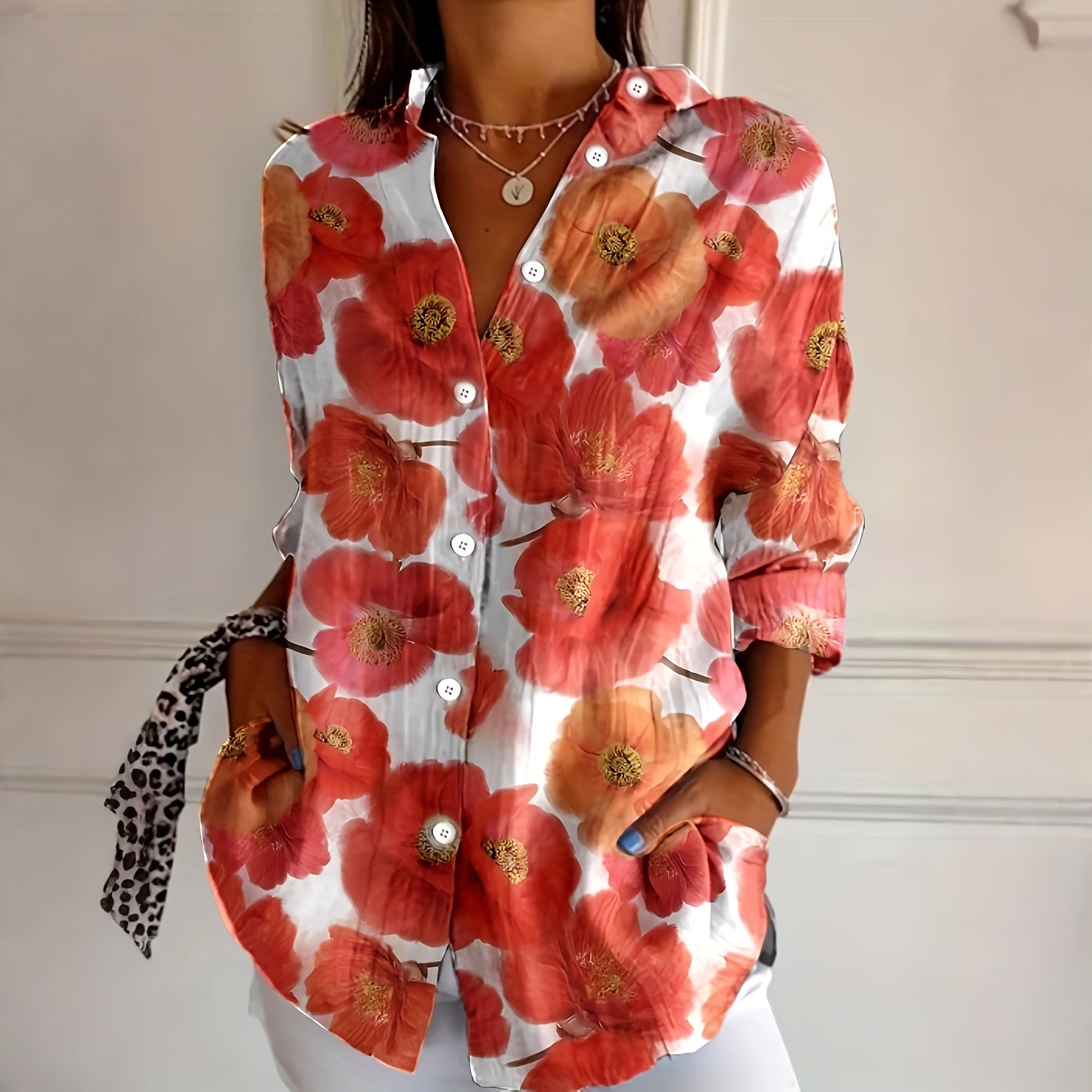 Women’s Floral Print Button Down Shirt Red Flower Blouse Long Sleeve Casual Loose Fit Top Lightweight Vacation Shirt for Women