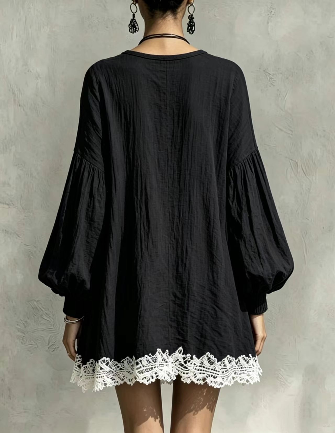 Women's Boho Mini Dress, Black Long Puff Sleeve Dress with White Lace Trim, Deep V Neck Loose Fit Tunic Dress, Romantic Vintage Casual Dress