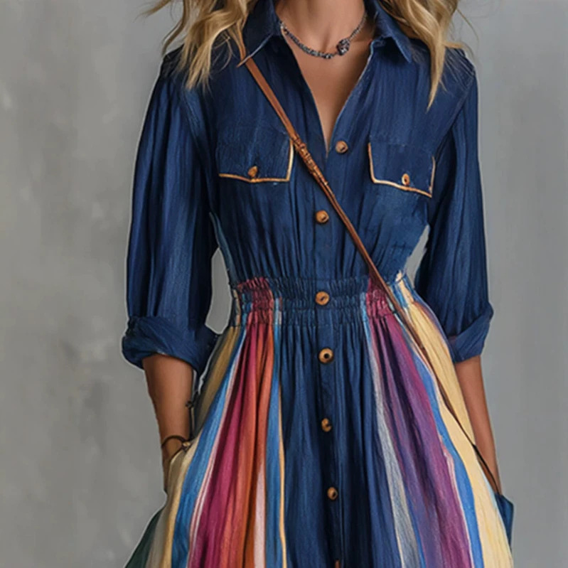 Women's Denim Maxi Dress, Button Down Shirt Dress with Colorful Striped Flowy Skirt, Long Sleeve Collared Dress with Elastic Waist, Boho Vacation Outfit