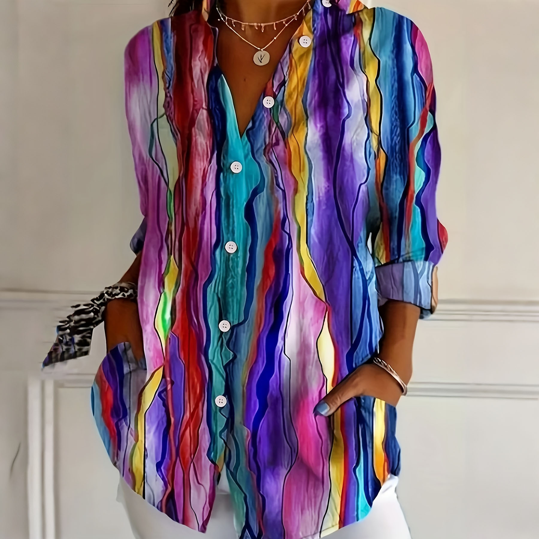 Women’s Colorful Abstract Print Button Down Shirt Long Sleeve Blouse Casual Loose Fit Top Lightweight Artistic Vacation Shirt