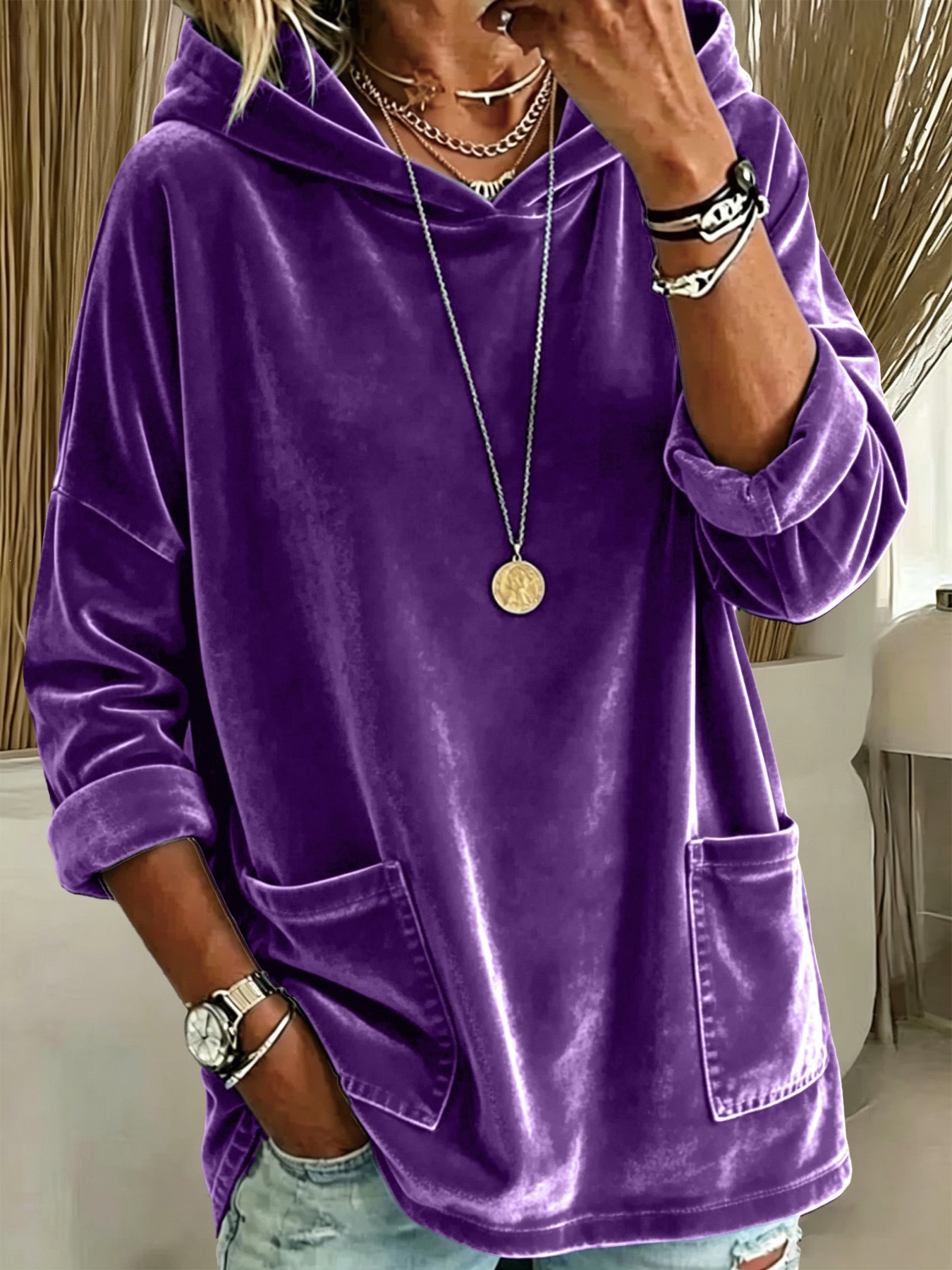 Women's Oversized Velvet Hoodie Pullover – Casual Loose Fit Hooded Sweatshirt with Front Pockets, Soft Lightweight Long Sleeve Top