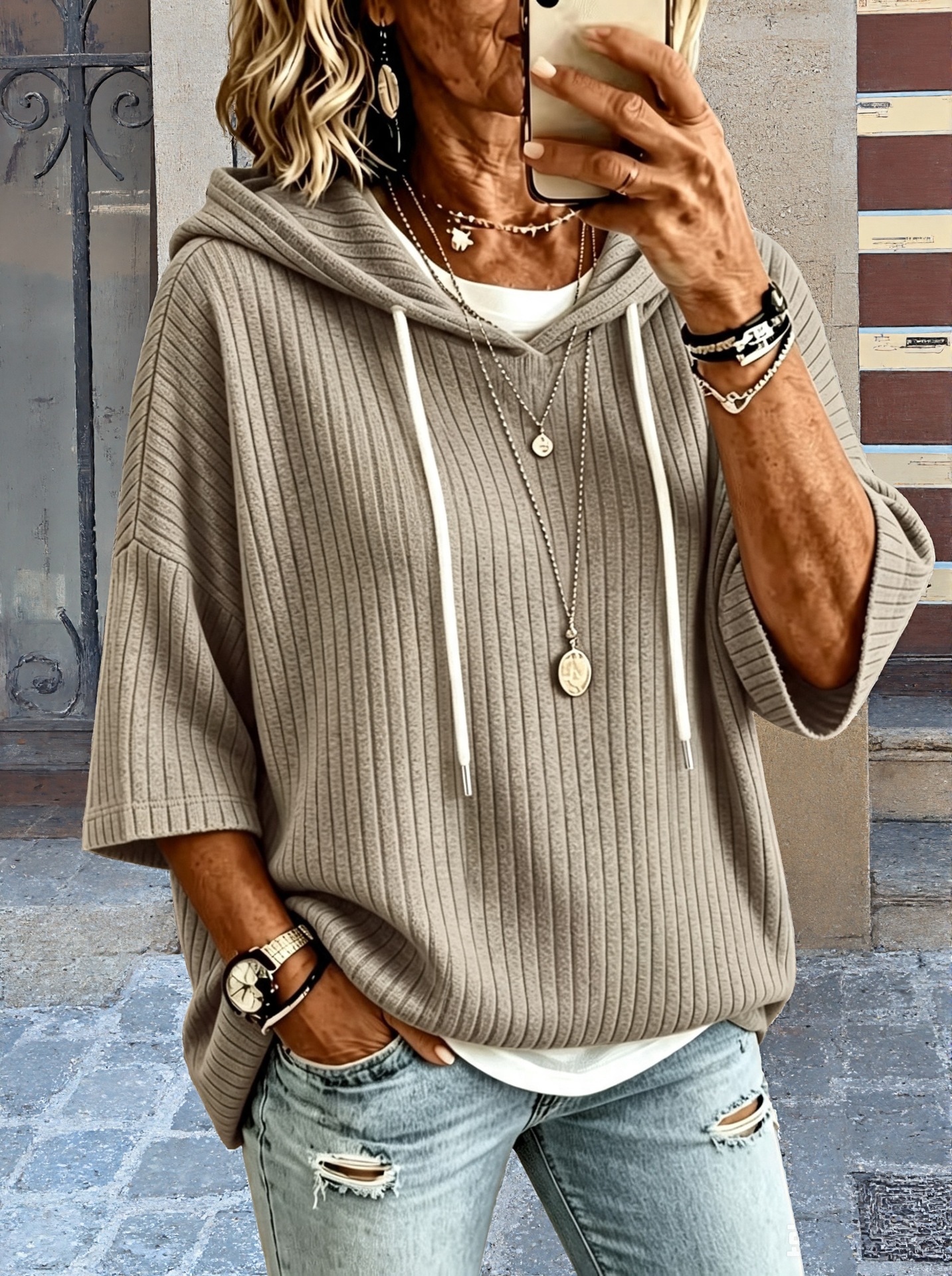 Women’s Casual Ribbed Knit Hoodie Top – Loose Fit Short Sleeve Pullover Sweatshirt with Drawstring Hood