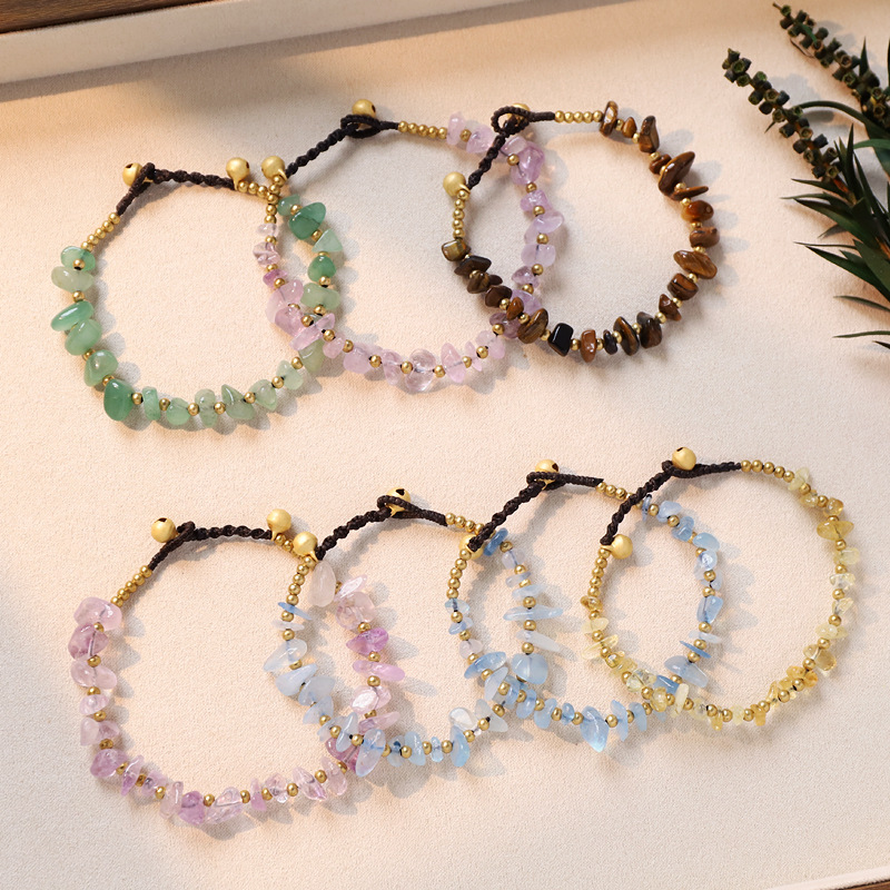 Handmade Braided Natural Crystal Chip Bracelet, Irregular Amethyst Aquamarine Gemstone Adjustable Beaded Bracelets, Stackable Boho Bracelets for Women Men Gift