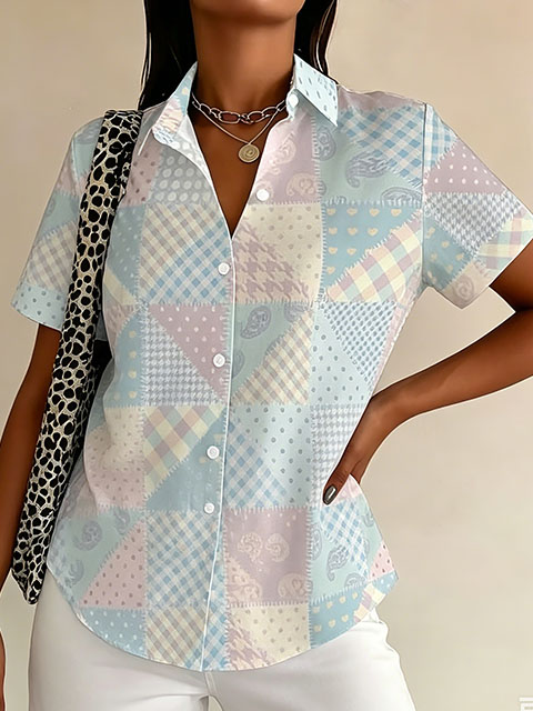 Women’s Patchwork Print Button-Up Shirt – Short Sleeve Casual Blouse