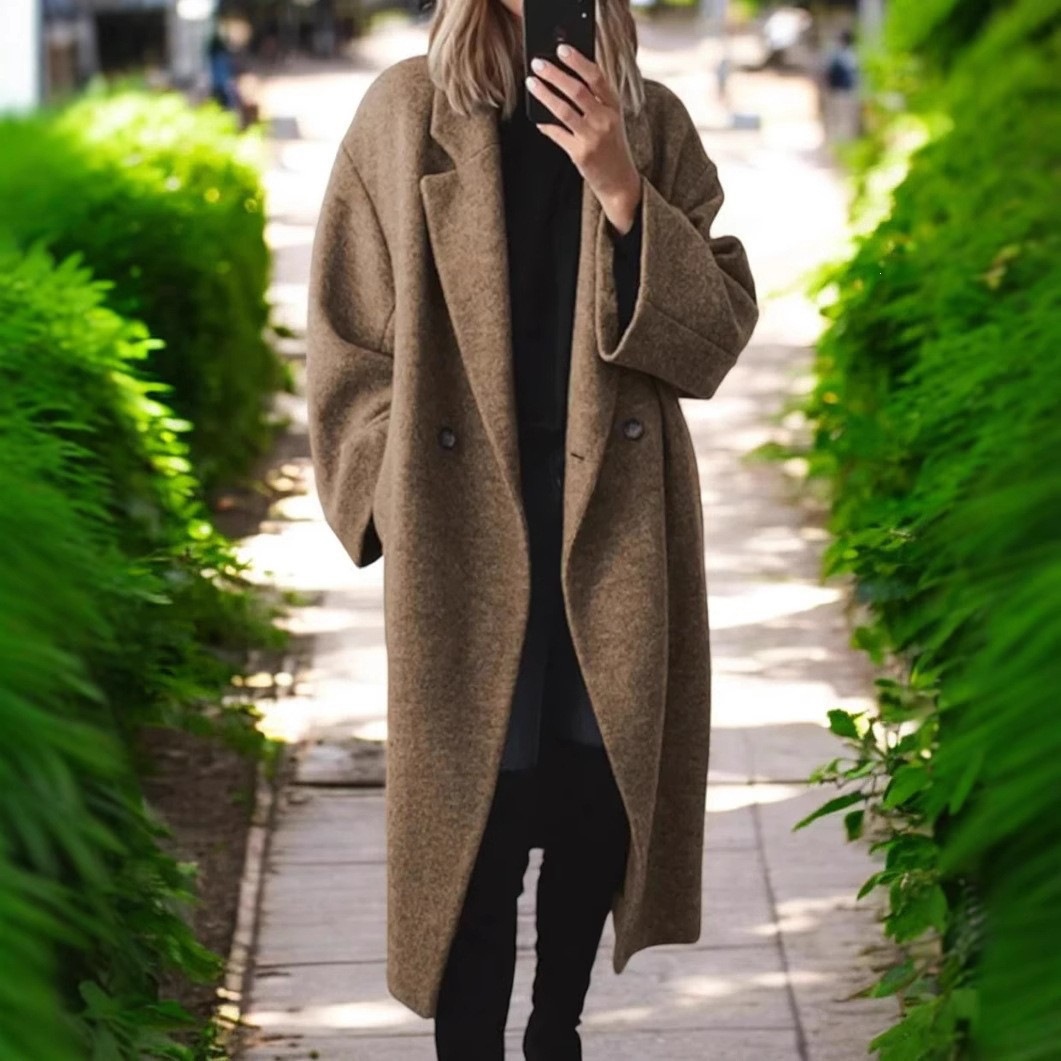 Women's Long Double Breasted Coat – Oversized Lapel Collar Jacket for Fall Winter