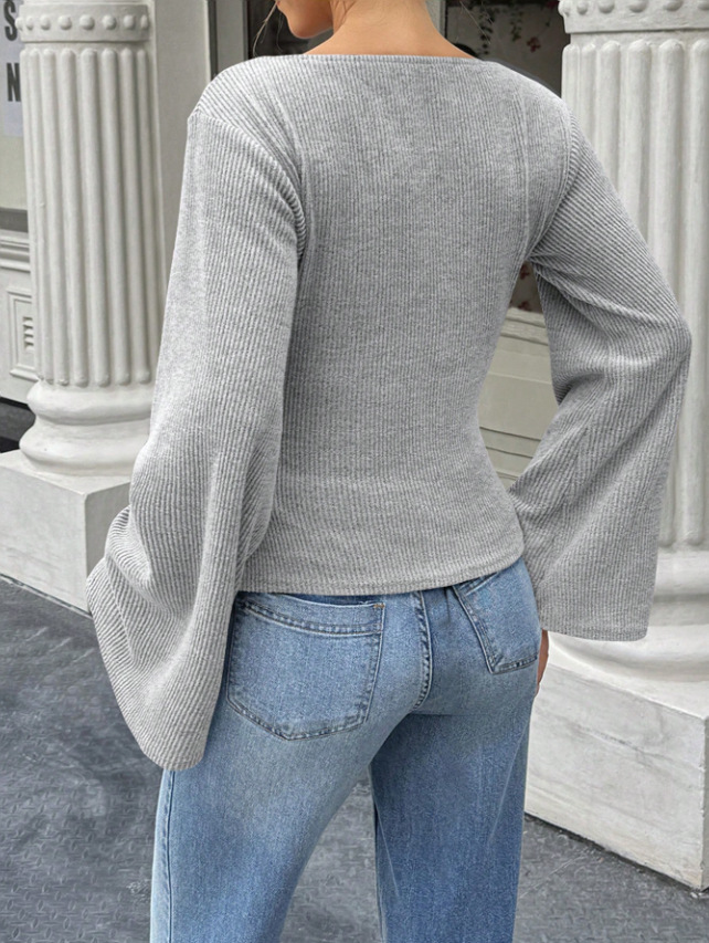 Women’s Ribbed Knit Bell Sleeve Top – Casual Slim Fit Crew Neck Long Sleeve Shirt