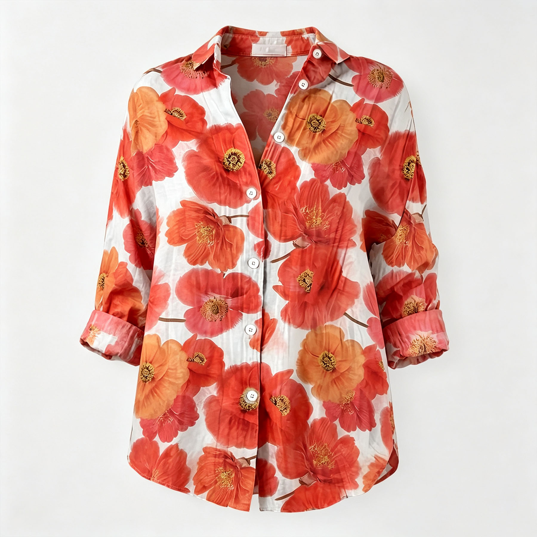 Women’s Floral Print Button Down Shirt Red Flower Blouse Long Sleeve Casual Loose Fit Top Lightweight Vacation Shirt for Women
