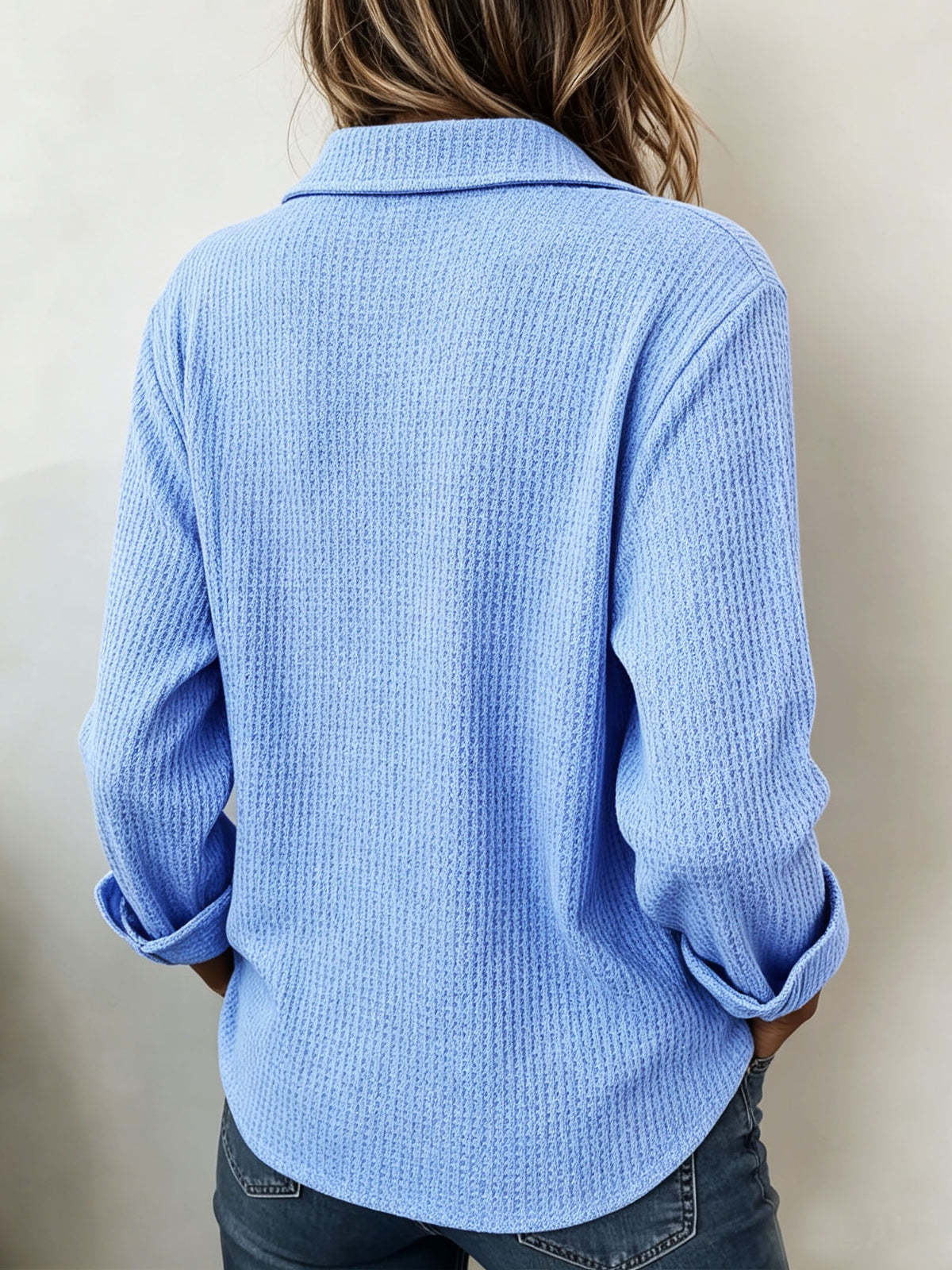 Women’s Waffle Knit Polo Shirt Long Sleeve Collared Pullover Top Button Front Casual Loose Fit Textured Blouse for Fall Winter-gemscharms
