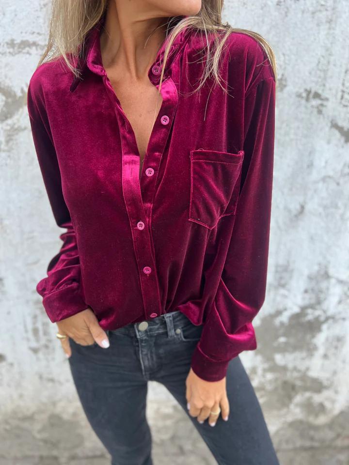 Women's Velvet Button Down Shirt Long Sleeve Blouse Soft Casual Loose Fit Collared Tops with Pocket Fall Winter Elegant Fashion Shirt