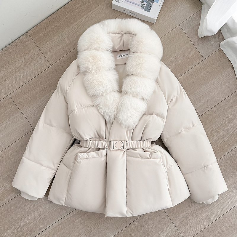 Women's Winter Puffer Jacket with Faux Fur Collar, Polyester Warm Coat, Belted Waist Short Quilted Outerwear, Fashionable Cold Weather Jacket
