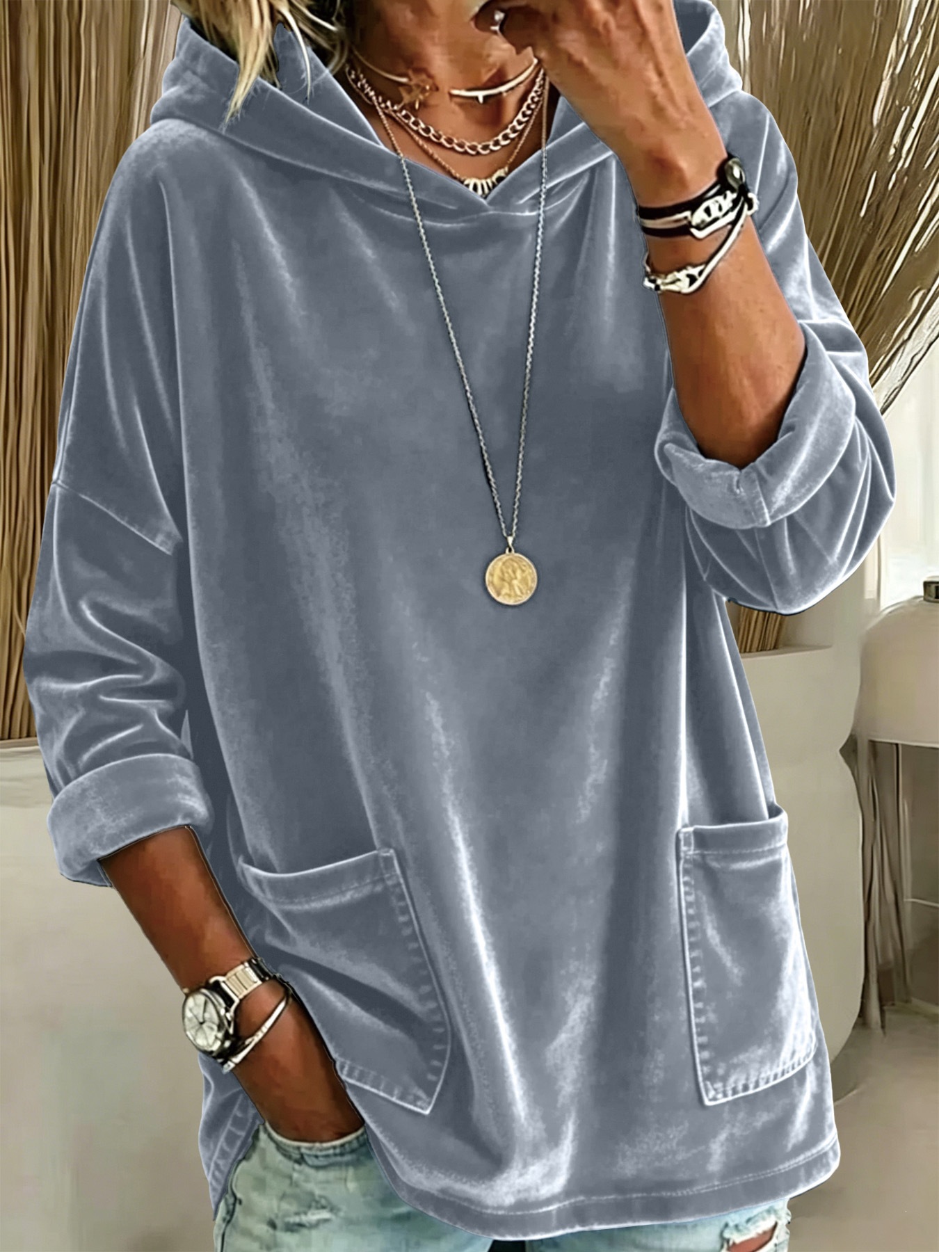 Women's Oversized Velvet Hoodie Pullover – Casual Loose Fit Hooded Sweatshirt with Front Pockets, Soft Lightweight Long Sleeve Top