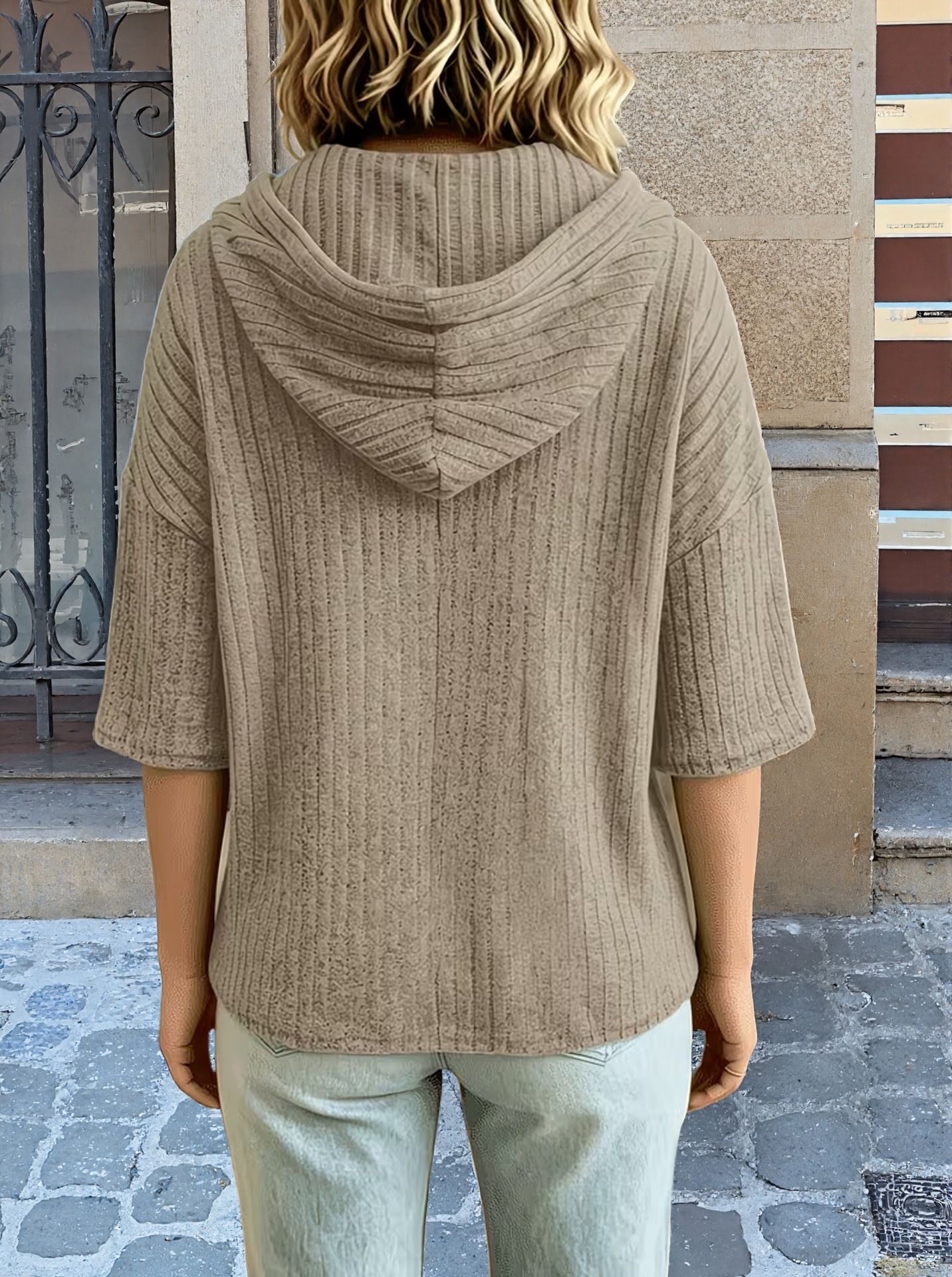 Women’s Casual Ribbed Knit Hoodie Top – Loose Fit Short Sleeve Pullover Sweatshirt with Drawstring Hood
