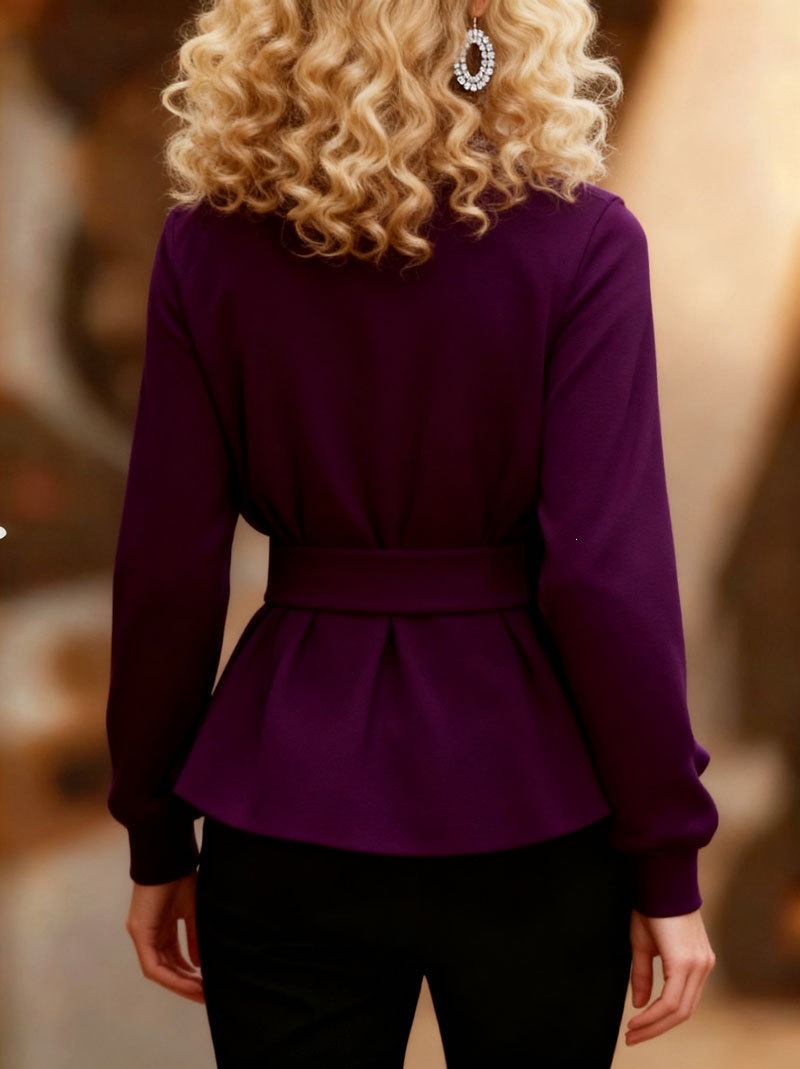 Women’s Elegant Peplum Blouse with Belt – Long Sleeve Mock Neck Slim Fit Casual Dressy Top
