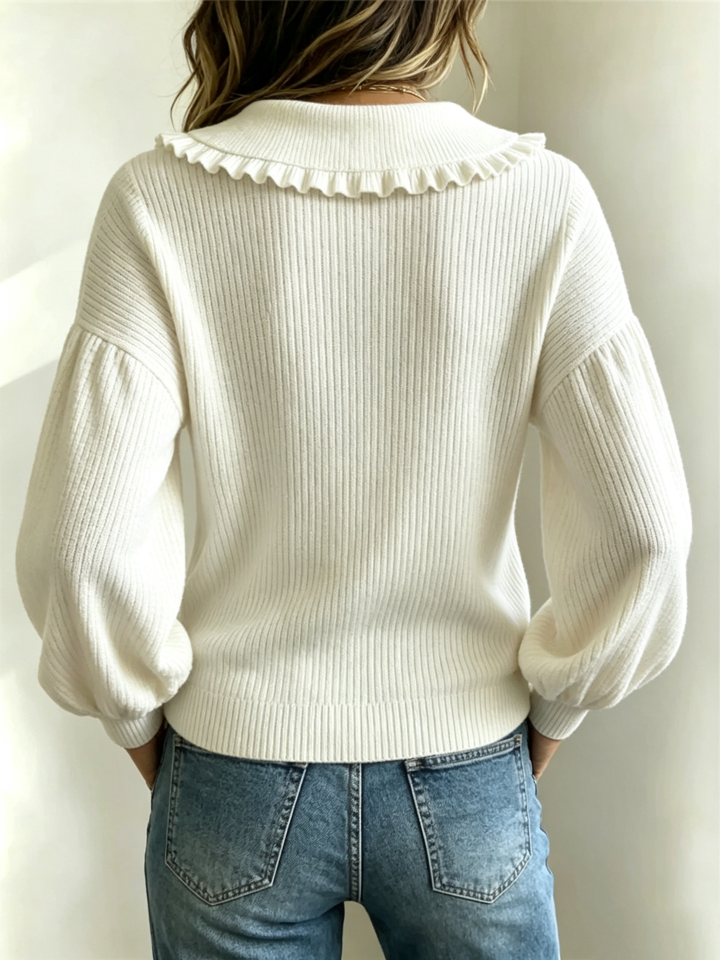 Women’s Ribbed Knit Sweater Top Long Sleeve Ruffle Peter Pan Collar Button Front Pullover Casual Cute Fall Winter Blouse
