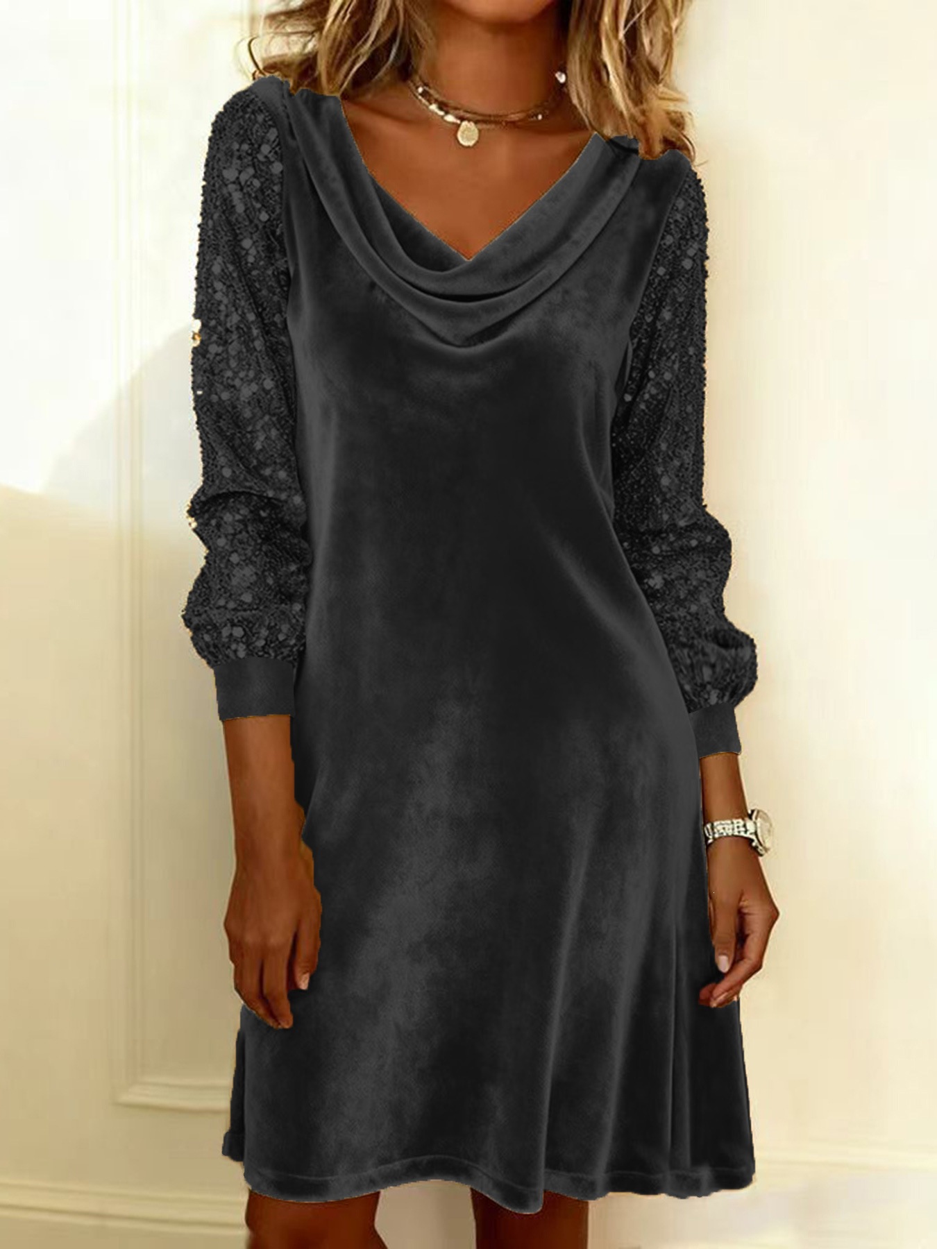Women's Velvet Dress Long Sleeve Cowl Neck A-Line Mini Dress Elegant Party Evening Casual Dress