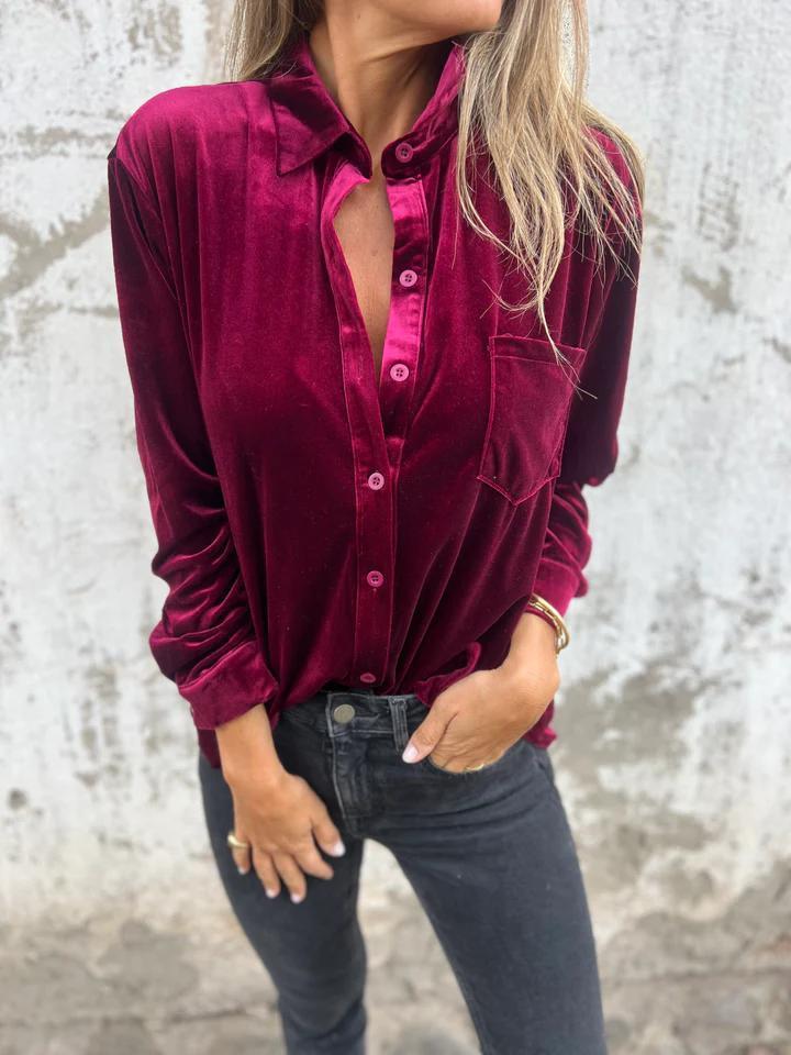 Women's Velvet Button Down Shirt Long Sleeve Blouse Soft Casual Loose Fit Collared Tops with Pocket Fall Winter Elegant Fashion Shirt