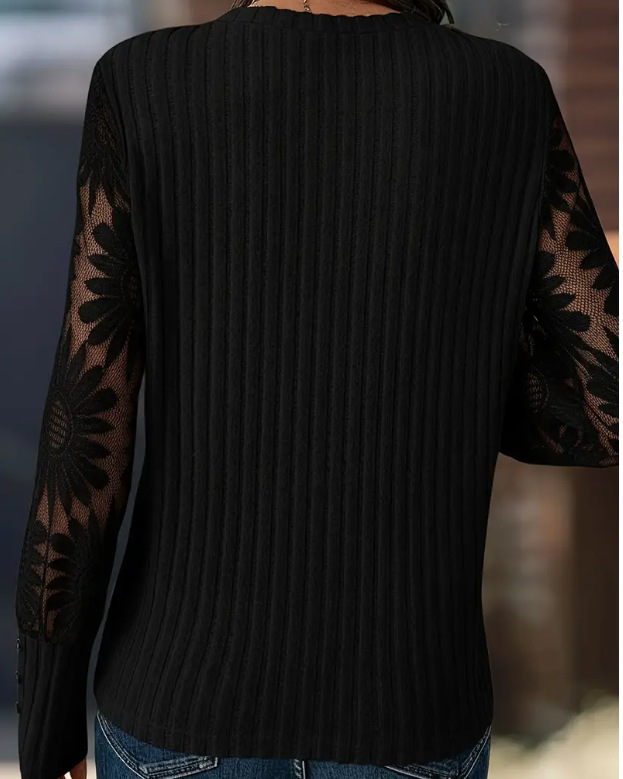 Women's V Neck Long Sleeve Knit Top – Lace Sleeve Ribbed Blouse with Elegant Button Cuff Detail for Casual & Dressy Wear