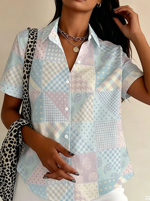 Women’s Patchwork Print Button-Up Shirt – Short Sleeve Casual Blouse
