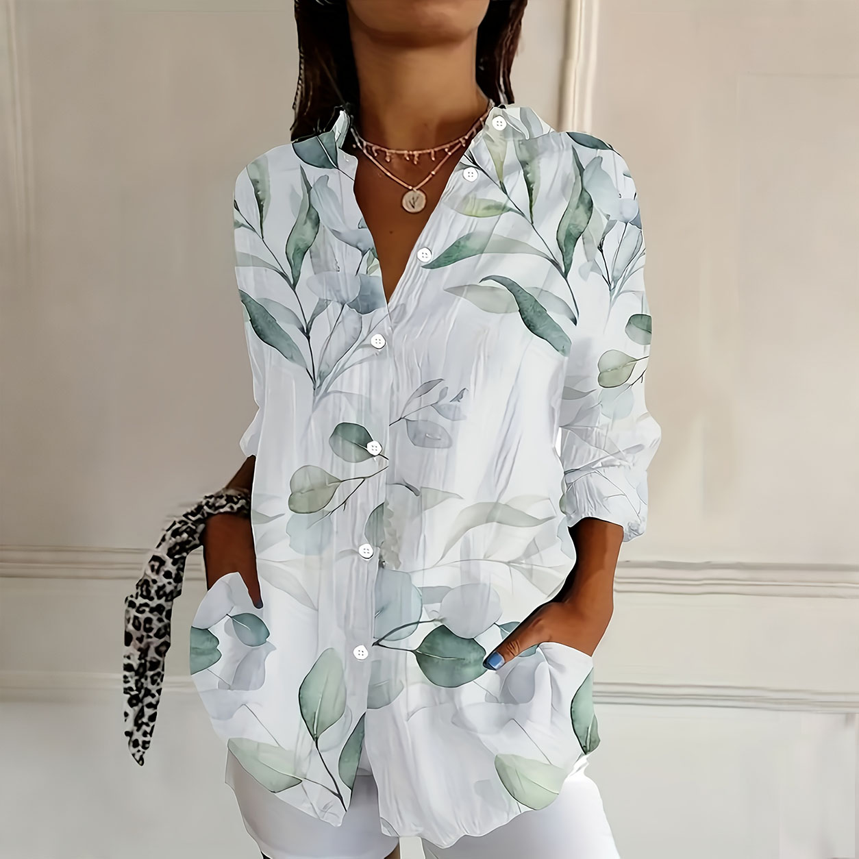 Women’s Botanical Leaf Print Button Down Shirt White Floral Blouse Long Sleeve Casual Loose Fit Top Lightweight Nature Inspired Shirt