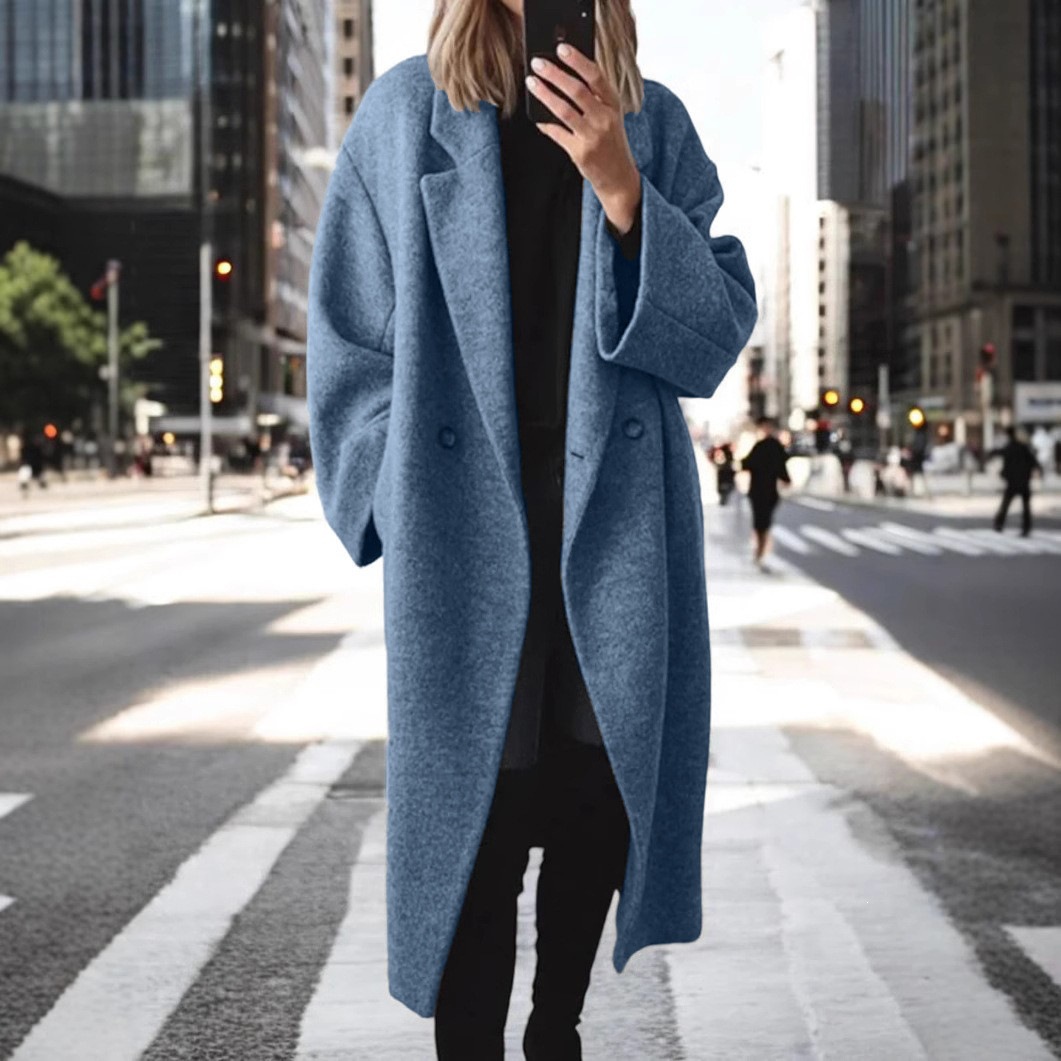 Women's Long Double Breasted Coat – Oversized Lapel Collar Jacket for Fall Winter