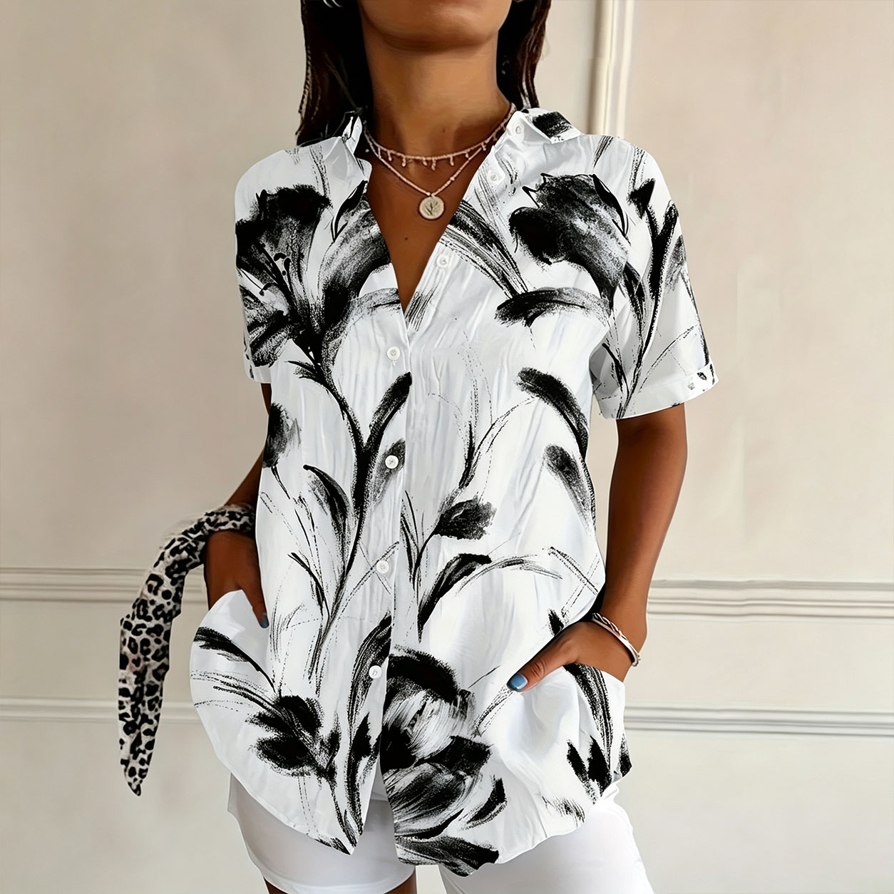 Women’s Black Ink Wash Floral Short Sleeve Button Down Shirts, Loose Lapel Collar Casual Polyester Blouse, Abstract Art Print Summer Vacation Tops