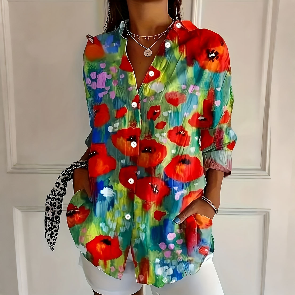 Women’s Colorful Floral Print Button Down Shirt Watercolor Flower Blouse Long Sleeve Casual Loose Fit Top Artistic Vacation Shirt