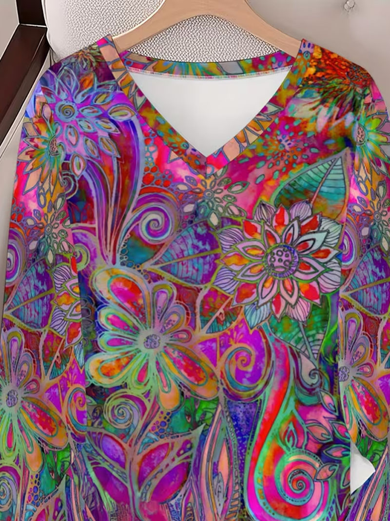 Women’s 3/4 Sleeve Floral Print Tunic Tops V Neck Loose Fit Blouse Casual Lightweight Shirts for Women Trendy Colorful Printed Pullover Top
