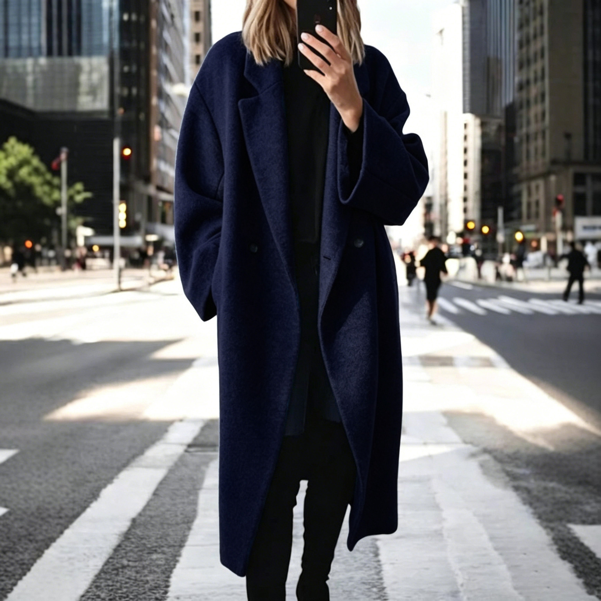 Women's Long Double Breasted Coat – Oversized Lapel Collar Jacket for Fall Winter