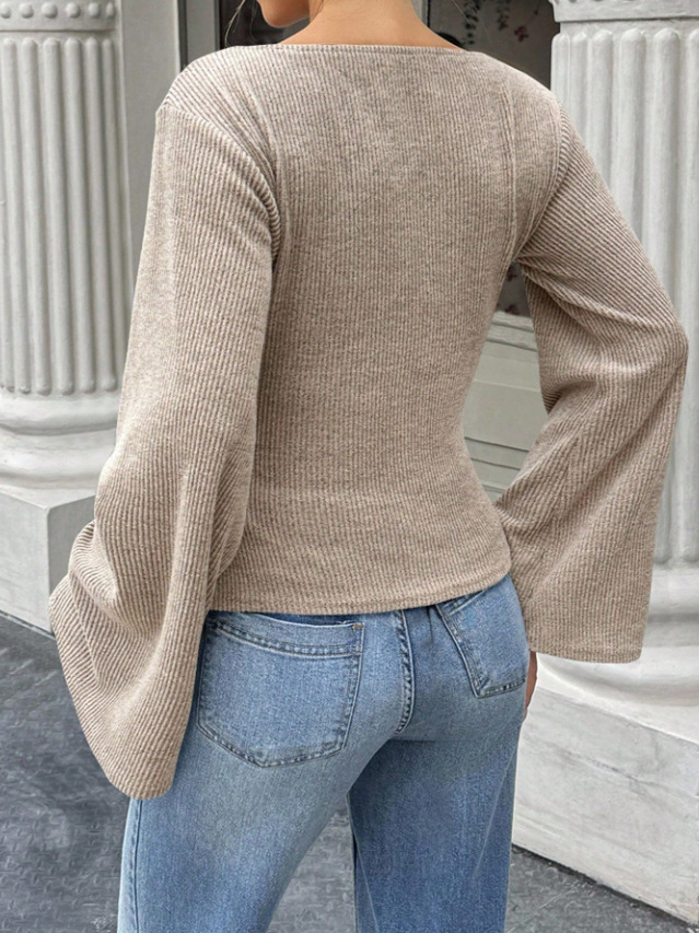 Women’s Ribbed Knit Bell Sleeve Top – Casual Slim Fit Crew Neck Long Sleeve Shirt