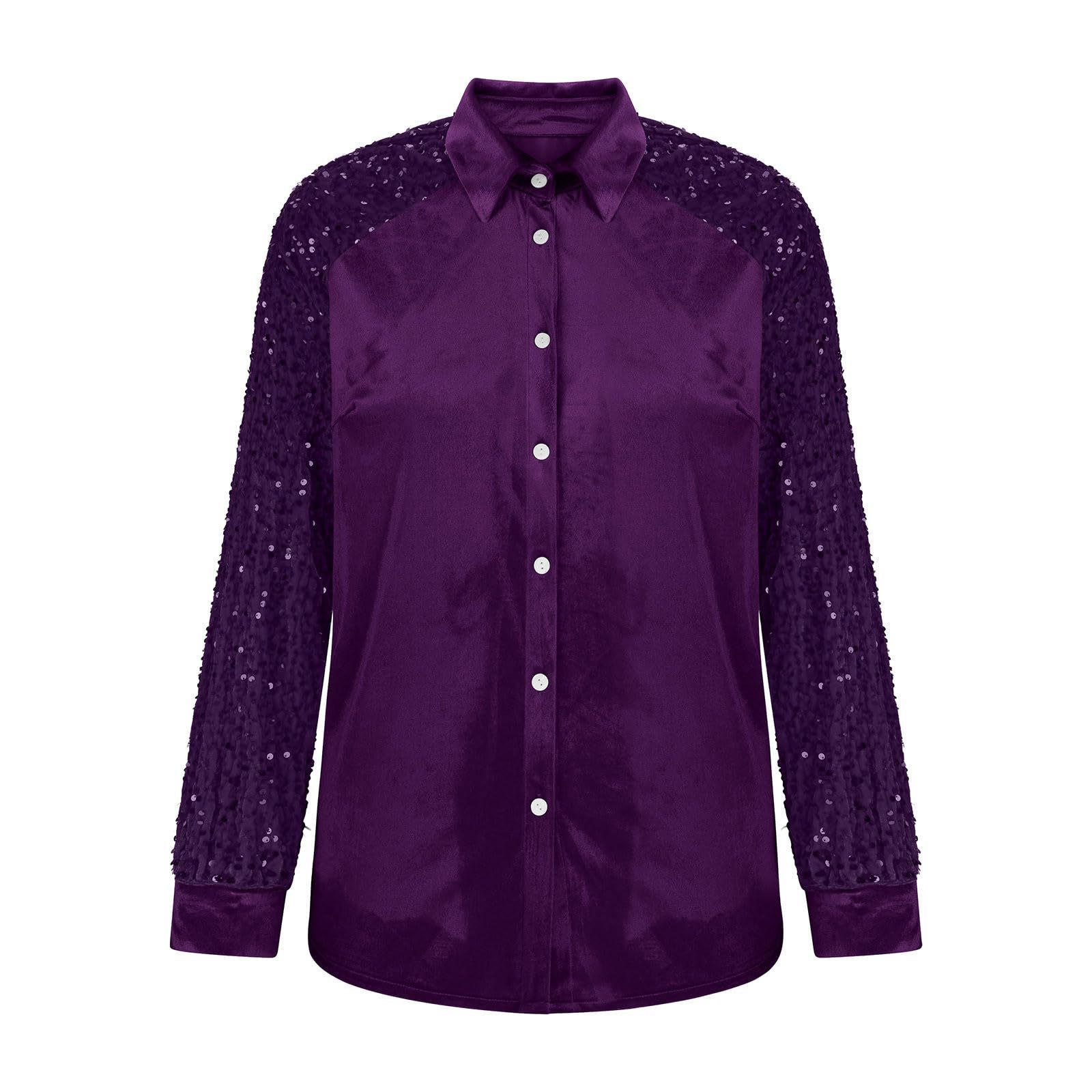 Women's Velvet Button Down Shirt Sequin Long Sleeve Blouse Elegant Sparkle Party Top Casual Luxury Shirt for Fall Winter