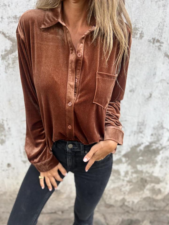 Women's Velvet Button Down Shirt Long Sleeve Blouse Soft Casual Loose Fit Collared Tops with Pocket Fall Winter Elegant Fashion Shirt