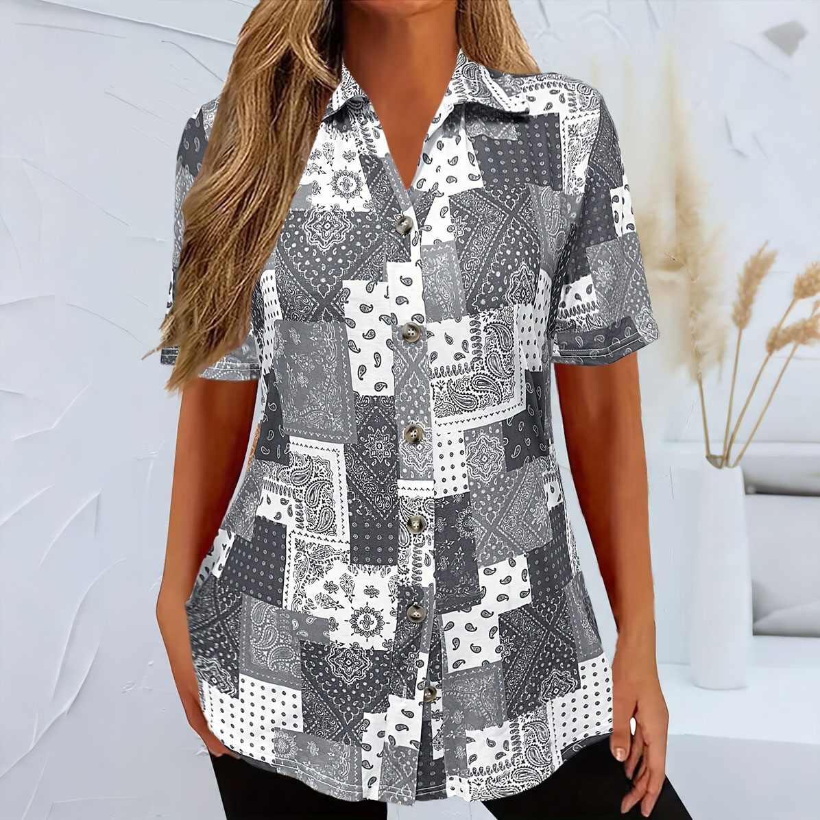 Women's Plus Size Light Gray Patchwork Print Button Down Shirt – Short Sleeve Casual Blouse, Lightweight Loose Fit Summer Top