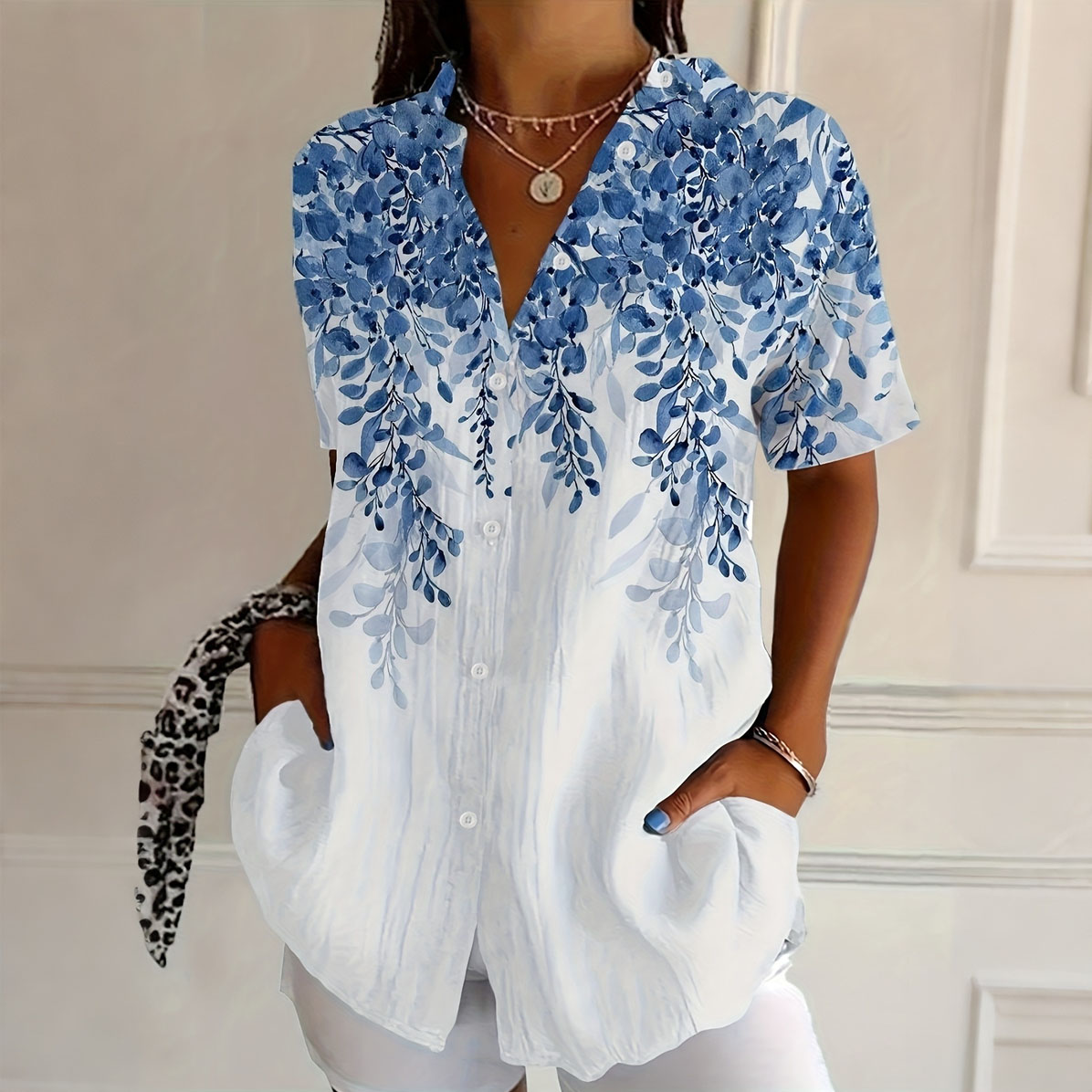 Women's Blue Leaf Print Button Down Shirt – Short Sleeve Casual Blouse, Lightweight Polyester Summer Top