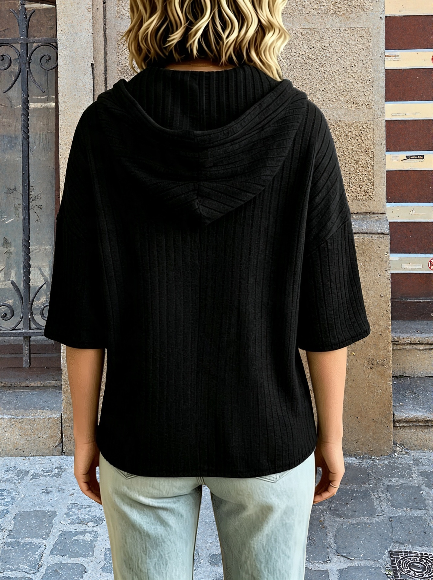 Women’s Casual Ribbed Knit Hoodie Top – Loose Fit Short Sleeve Pullover Sweatshirt with Drawstring Hood