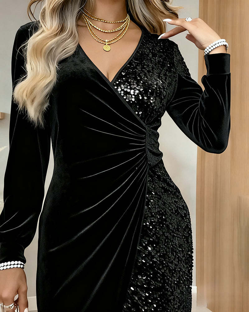 Women's Velvet Sequin Mini Dress V Neck Long Sleeve Ruched Bodycon Party Dress Elegant Cocktail Evening Dress for Women-gemscharms