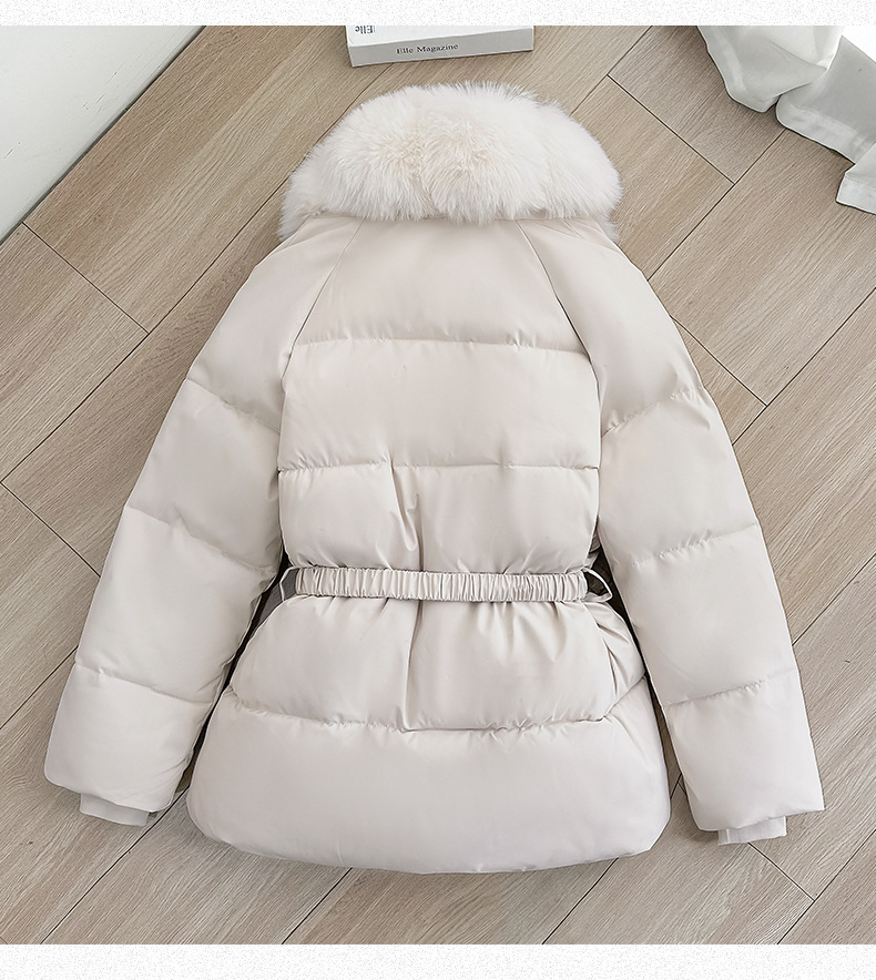 Women's Winter Puffer Jacket with Faux Fur Collar, Polyester Warm Coat, Belted Waist Short Quilted Outerwear, Fashionable Cold Weather Jacket