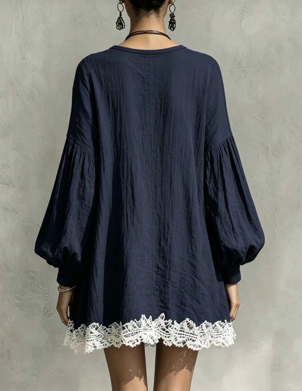Women's Boho Mini Dress, Black Long Puff Sleeve Dress with White Lace Trim, Deep V Neck Loose Fit Tunic Dress, Romantic Vintage Casual Dress