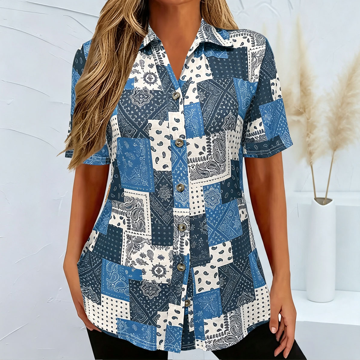 Women's Plus Size Blue Patchwork Print Button Down Shirt – Short Sleeve Casual Blouse, Lightweight Loose Fit Summer Top