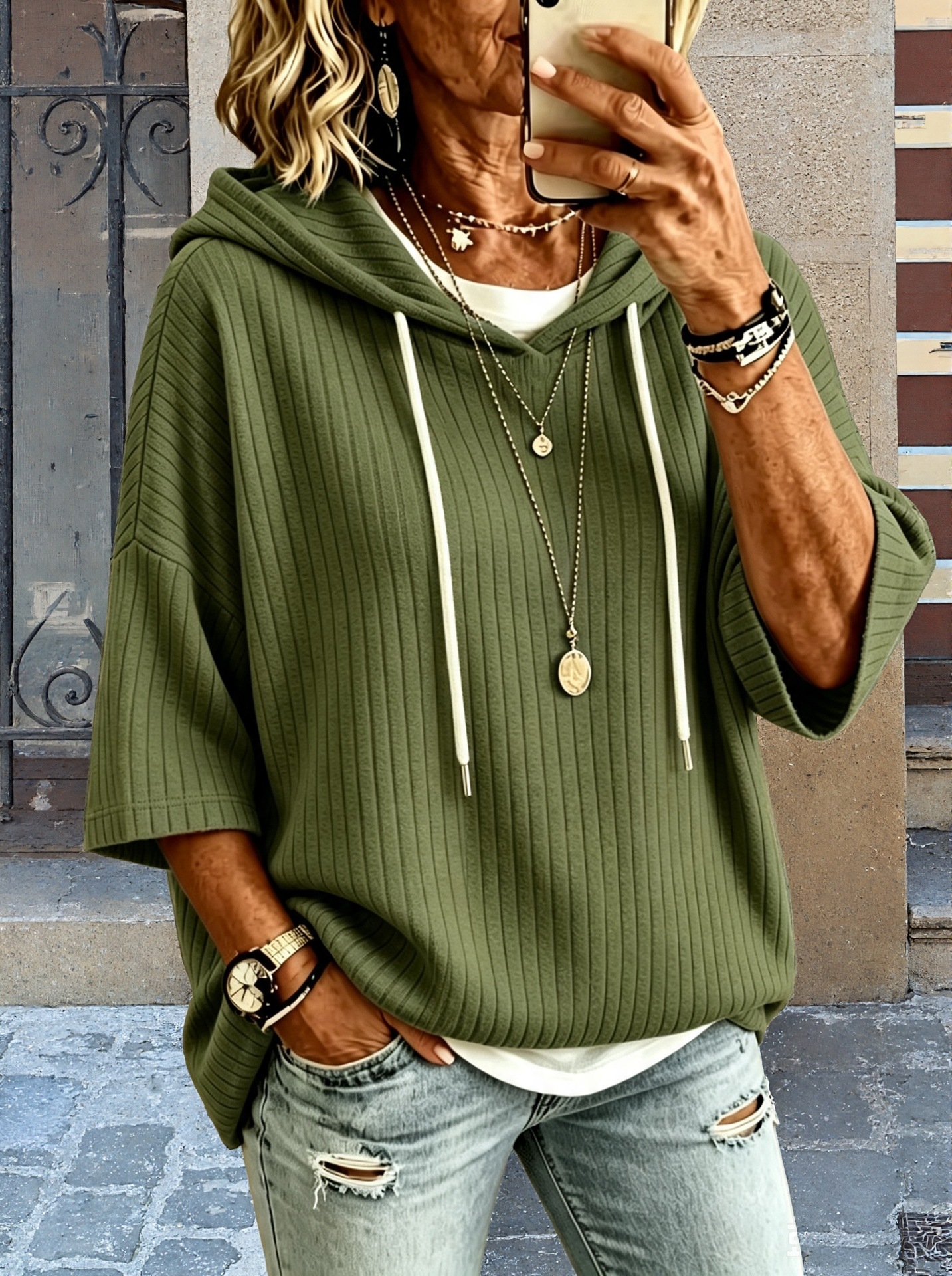 Women’s Casual Ribbed Knit Hoodie Top – Loose Fit Short Sleeve Pullover Sweatshirt with Drawstring Hood