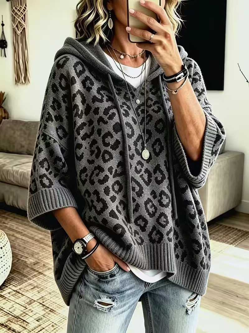 Women's Leopard Print Hooded Knit Sweater, Oversized Pullover Poncho Top, Loose 3/4 Sleeve Casual Fall Winter Jumper, Cozy Animal Print Hoodie Sweater